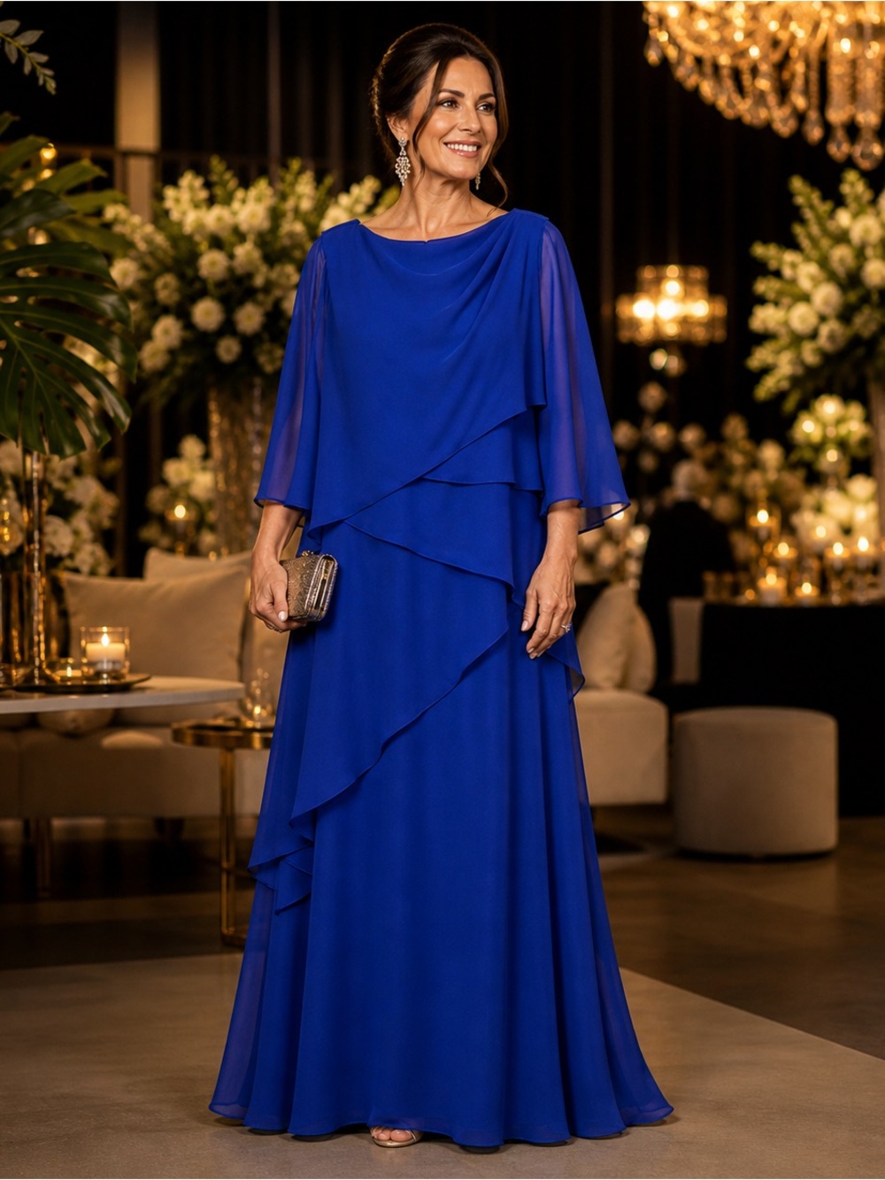Bridess Royal Blue Chiffon Layered Gown Mother of Bride NWT